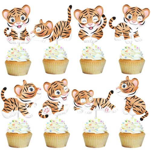 24Pcs Tiger Cupcake Toppers Tiger Party Supplies Safari Baby Shower Decorations for Tiger Theme Jungle Safari Animal Birthday Party Baby Shower