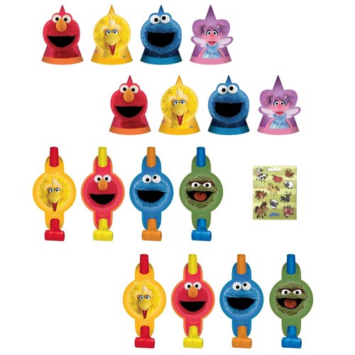 Sesame Street Birthday Baby Party Supplies Bundle Pack Includes Party Hats & Blowouts (Bundle for 8) Multicoloured