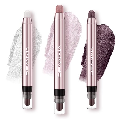 Glitter Eyeshadow Stick, 3 Colors Shimmer Cream Eyeshadow Pencil Set,Pro White Highlighter Makeup Stick,Waterproof Pink Eye Brightener Crayon,Smoky Amethyst Eye Makeup for Women Girl Party Queen