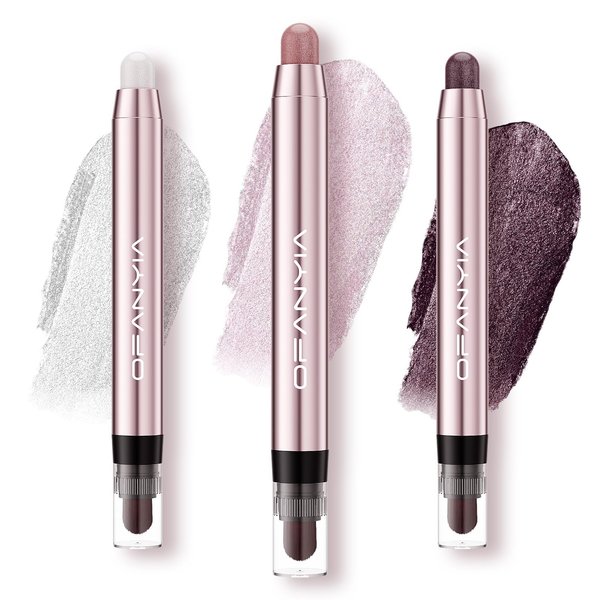 Glitter Eyeshadow Stick, 3 Colors Shimmer Cream Eyeshadow Pencil Set,Pro White Highlighter Makeup Stick,Waterproof Pink Eye Brightener Crayon,Smoky Amethyst Eye Makeup for Women Girl Party Queen