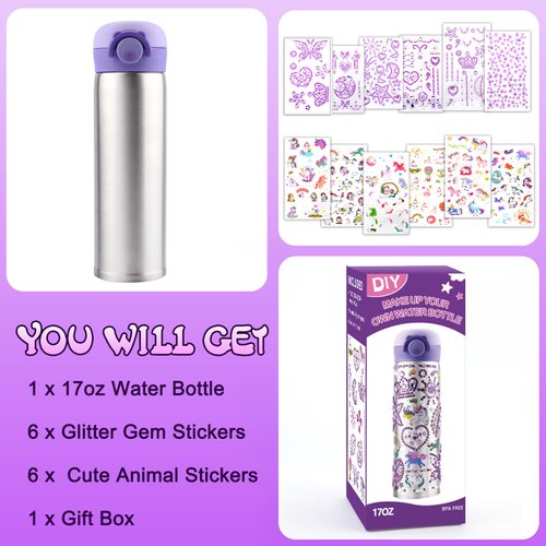 Decorate Your Own Water Bottle Kits for Girls Age 4-6-7-8-10-12, Valentines Day Gifts for Kids with Cute Stickers Arts and Crafts for School, Birthday Easter Gifts for Girls, Back to School Supplies