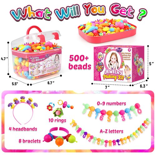 FUNZBO 520+ Snap Pop Beads - Beads for Jewelry Making Kit, Arts and Crafts Supplies, Toys for Girls, 3 4 5 6 7 Year Old Girl Birthday Gifts, Crafts for Kids Ages 4-8, Christmas Girls Toys Age 6-8