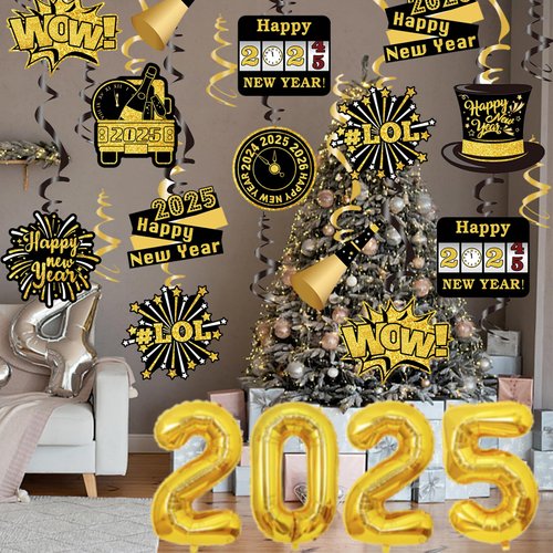 yinupet 48 Pieces 2025 New Year Hanging Swirl Decorations 2025 Hanging Swirl Set for Birthday Party Supplies for Home (Gold)
