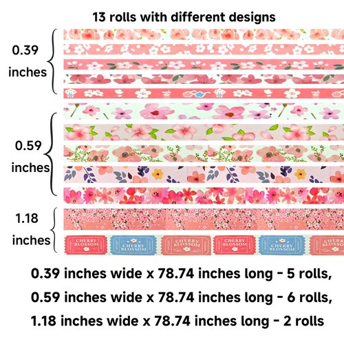 Fulbrio Arts Cute Floral 13 Rolls Washi Tape Set - Decorative Colored Tapes for Scrapbooking, Journaling, DIY Crafts, and Gift Wrapping,Cute Floral Designs for Bullet Journal Supplies (Pink Floral)