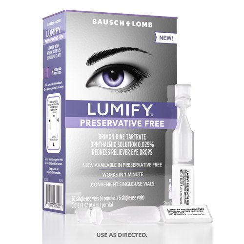 LUMIFY Preservative Free Redness Reliever Eye Drops, 20 Single Use Vials, Fast Acting, Only PF Drop for Whiter & Brighter Looking Eyes, Relieves Red Eyes, Works in 1 Min, Lasts Up to 8 Hours