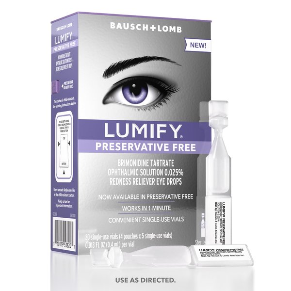 LUMIFY Preservative Free Redness Reliever Eye Drops, 20 Single Use Vials, Fast Acting, Only PF Drop for Whiter & Brighter Looking Eyes, Relieves Red Eyes, Works in 1 Min, Lasts Up to 8 Hours