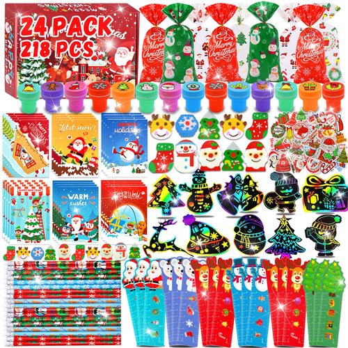 Bluegogo 218Pcs Christmas Party Favors for Kids, Christmas School Stationery Set Christmas Goodie Bags Christmas Toys Bulk Classroom Prizes Christmas Stationery Kit for Party Gift Fillers