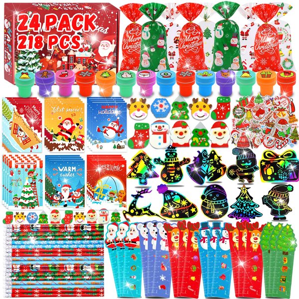 Bluegogo 218Pcs Christmas Party Favors for Kids, Christmas School Stationery Set Christmas Goodie Bags Christmas Toys Bulk Classroom Prizes Christmas Stationery Kit for Party Gift Fillers