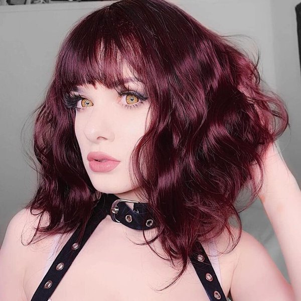 FAVE 12 Inch Natural Wave Wig with Bangs Human Hair Wigs for Women 100% Brazilian Virgin Human Hair Wig 99J Short Bob Wig with Bangs (12 inch, 99J)