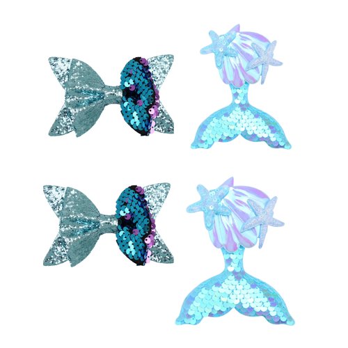 4 Pcs Glitter Sequin Mermaid Hair Bow Clips,Starfish Shell Alligator Barrettes Hairpins for Girls Kids Summer Beach Vacation Birthday Party Dress Costume Decor Accessories Gift,blue