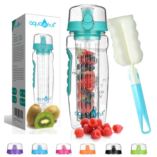 aquaFrut 32 OZ Fruit Infuser Water Bottle BPA-Free Fruit Infusion Sports Bottle - Flip Top Lid w Drinking Spout, Leak Proof, Made of Durable Tritan. Free Recipe eBook! (Teal)
