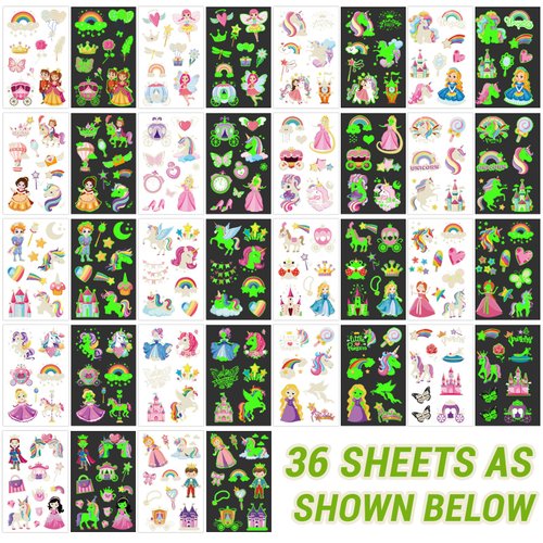 252+ PCS Glow Princess Temporary Tattoo for Kids, 36 Sheets Rainbow Castle Candy Star Prince Fake Tattoos Sticker for Girls Boys, Luminous Birthday Magic Fairy Theme Party Favors Decoration