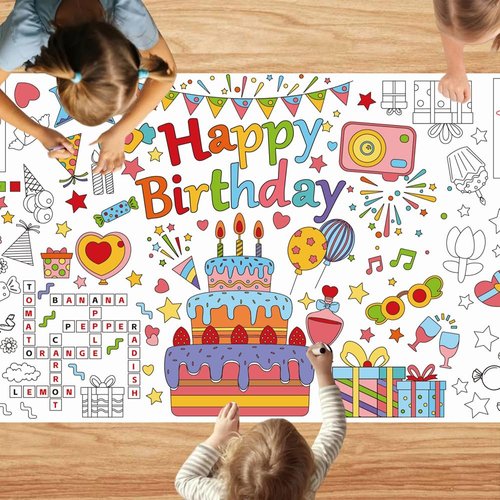 Quimoy Giant Coloring Poster, 72 x 30 Inches Happy Birthday Tablecloth/Banner, Birthday Table Decorations in Activities Games for Kids School Classroom Home Party Supplies