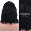 AneShe Short Wavy Black Bob Wig with Bangs Natural Black Curly Wigs for Women Shoulder Length Wig Heat Resistant Synthetic Fiber Wig for Party Daily Use