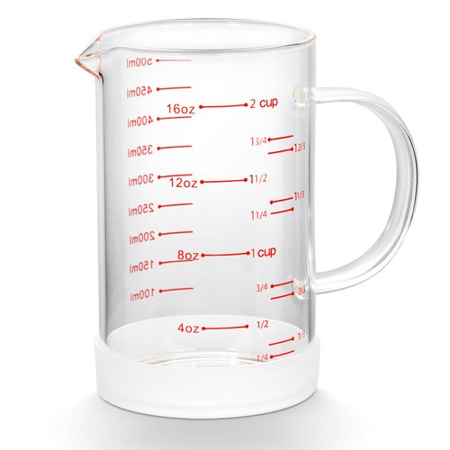 2 Cup Glass Measuring Cup with Handle, 77L High Borosilicate Glass Measuring Cup with V-Shaped and Three Scales (Cup, OZ, ML), Glass Liquid Beaker with Silicone Base, Double-Sided Measure Scales