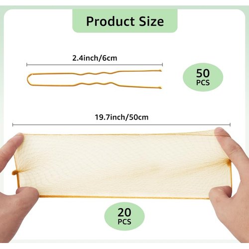 Blonde Hair Nets 20PCS Hair Nets Invisible and 50Pcs U Shaped Hair Pins Set Bun Hair Nets Invisible Elastic Edge Mesh Hairnets Ballet Hair Net for Ballet Girls, Food Service, Sleeping, Wig, Women