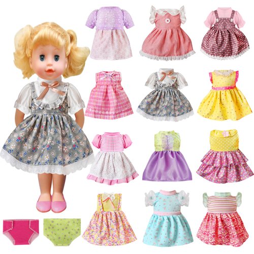 14 Pcs Doll Clothes and Accessories Fits 13 14 15 Inch Baby Dolls, Girl Doll Clothes Outfits, Include 12 Dresses and 2 Doll Underwear for Girl Gift