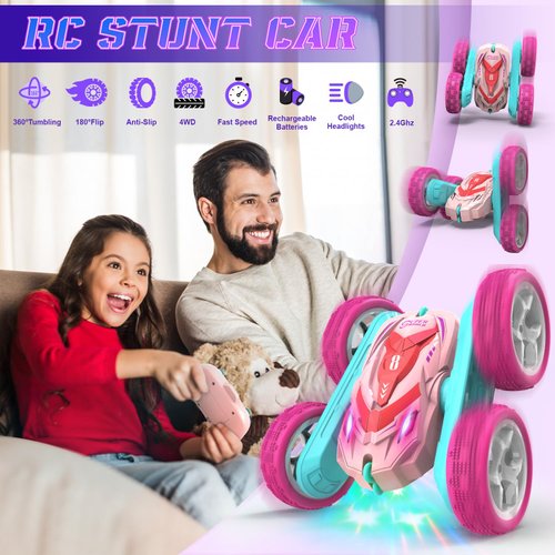 AFUNX RC Stunt Cars, Remote Control Car Double Sided 360° Flip Rotating 4WD 2.4Ghz Rechargeable Car Toy with Headlights For Outdoor & Indoor for 6-12 years old Kids Girls Boys Birthday Xmas Gift, Pink