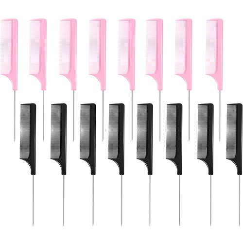 16 Pieces Rat Tail Comb Foiling Combs Steel Pin Rat Tail Fiber Heat Resistant Teasing Combs with Stainless Steel Pintail for Women Girls Hair Styling