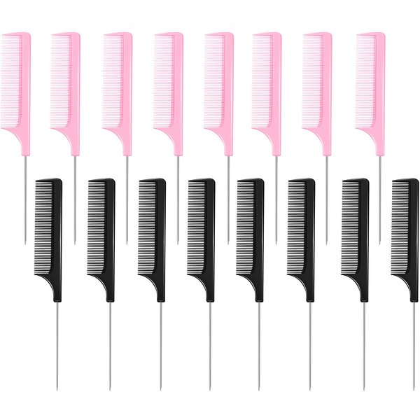 16 Pieces Rat Tail Comb Foiling Combs Steel Pin Rat Tail Fiber Heat Resistant Teasing Combs with Stainless Steel Pintail for Women Girls Hair Styling