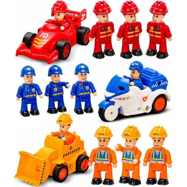 FUNERICA 12-Pcs People Figures and Toy Cars Playset - Fireman, Police, Construction Workers - Pretend Play Vehicle & Figurine Set Accessories for Kids - Emergency Rescue & Construction Toys