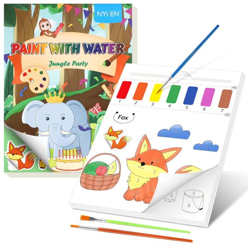 NYPEN Paint with Water Coloring Book for Toddlers, Mess Free Watercolor Painting Books Kit for Kids Ages 2 3 4 5 6, Art Craft Gift for Drawing with Stickers & Brushes, Animals