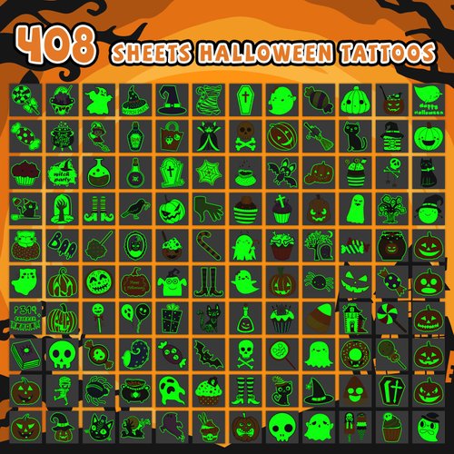 EMOME 408 Pcs Bulk Luminous Halloween Temporary Tattoos for Kids, Individually Wrapped Tattoos for Halloween Birthday Party Decorations, Glows Halloween Favors Toys Games for Kids Party