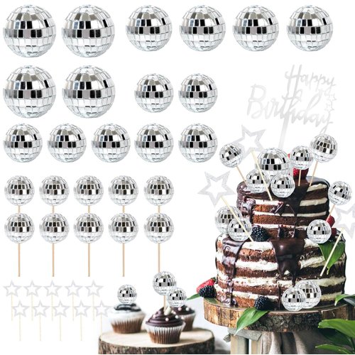 36 pcs Disco Ball Cake toppers,Happy Birthday Cake Topper,1970s Disco Ball Cake Picks Disco,70s party decorations,disco party decorations