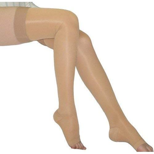 BriteLeafs Sheer Compression Stockings Thigh High 20-30 mmHg, Firm Support, Open Toe, Stay-Up Silicone Band (Small, Beige)