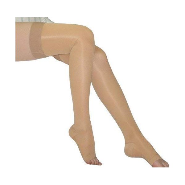 BriteLeafs Sheer Compression Stockings Thigh High 20-30 mmHg, Firm Support, Open Toe, Stay-Up Silicone Band (Small, Beige)