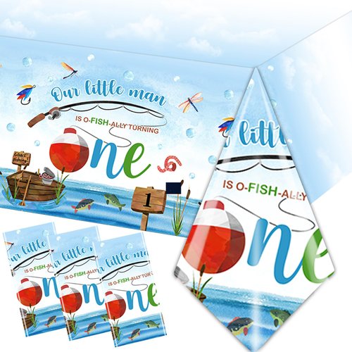 Ofishally One Birthday Decorations, 3Pcs Gone Fishing 1st Birthday Party Supplies Tablecloth, Lit...