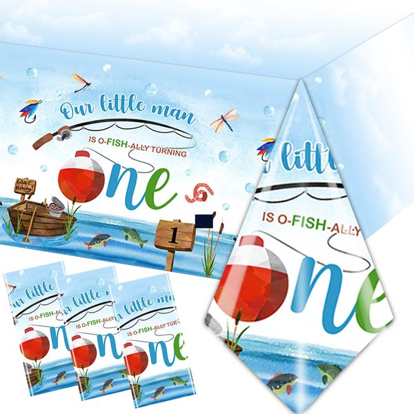 Ofishally One Birthday Decorations, 3Pcs Gone Fishing 1st Birthday Party Supplies Tablecloth, Little Fisherman Gone Fishing Rectangle Table Cover for O Fish Ally Themed 1st Birthday Party Supplies