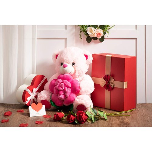 BEJOY Teddy Bear Stuffed Animals Plush Bear Holding Rose Soft Plush Toy Valentine's Day, 16 Inch, Pink