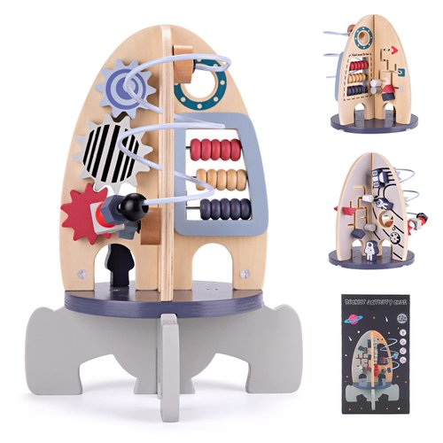 Wdmiya Space Wooden Activity Cube Toys for Baby, Montessori Toys for 1 Year Old Boy & Girl Birthday Gifts, Sensory and Educational 1st Birthday Gifts, Busy Board Toys for Baby Boy 6-18 Months (Rocket)