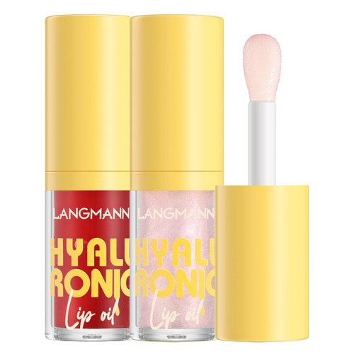 LANGMANNI Hyaluronic Acid Lip Oil,Hydrating and Nourishing Lip Gloss,Lightweight & Non-Sticky,Tinted Lip Glow Oil.(#3 Cherry+#6 Crystal)