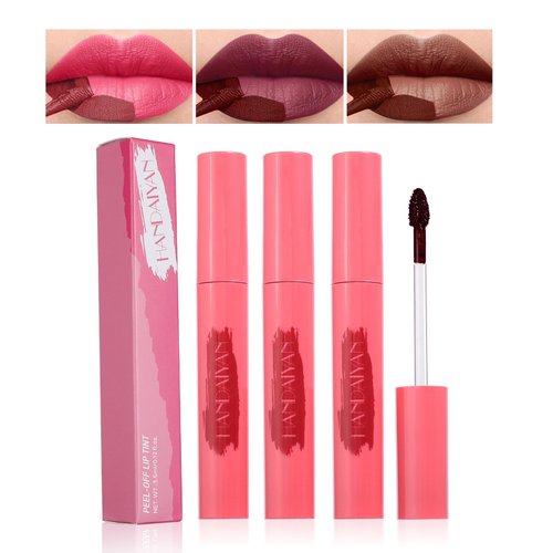 Waitinxol 3 Colors Peel Off Lip Stain Lip Tint,Waterproof Long-Lasting Tear-off Lip Gloss,Peel Reveal Lip Stain,Peel Off Tattoo Lipsticks,Nonstick Cup Lip Gloss, Tattoo Magic Color Lip Set(Set B)
