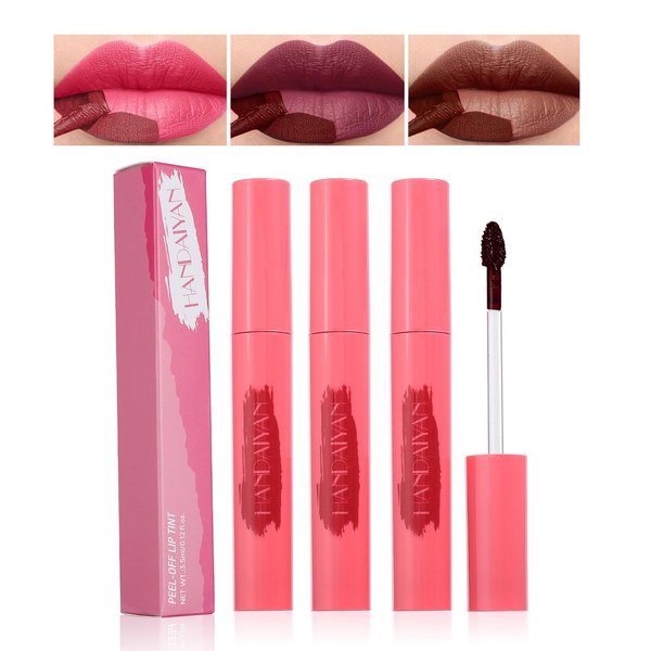 Waitinxol 3 Colors Peel Off Lip Stain Lip Tint,Waterproof Long-Lasting Tear-off Lip Gloss,Peel Reveal Lip Stain,Peel Off Tattoo Lipsticks,Nonstick Cup Lip Gloss, Tattoo Magic Color Lip Set(Set B)