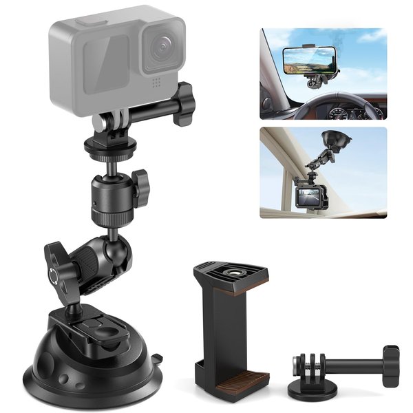 NEEWER Suction Cup Mount for GoPro with Magic Arm & 360° Pan 90° Tilt Ball Head, Quick Buckle Lock Outside Windshield Car Mount with Phone Holder, Action Camera Adapter, Max Load 4.4lb/2kg, CA029