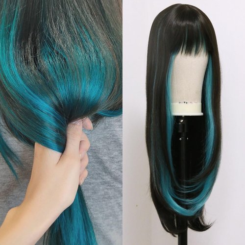 Turquoise Blue Green Highlights Split Color Black Wig With Bangs Long Wavy Heat Resistant Synthetic Wig Glueless No Lace Fringe Unit Full Machine Made Women's Costume Wig Daily Use Party Wig