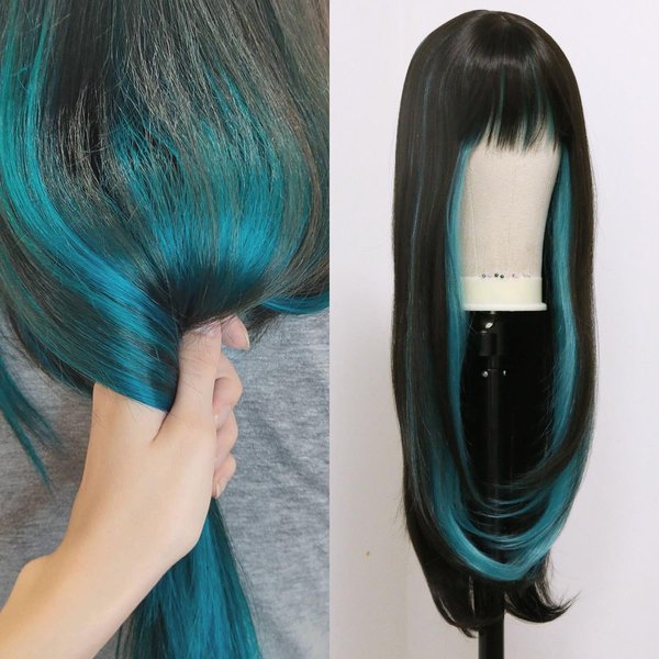Turquoise Blue Green Highlights Split Color Black Wig With Bangs Long Wavy Heat Resistant Synthetic Wig Glueless No Lace Fringe Unit Full Machine Made Women's Costume Wig Daily Use Party Wig