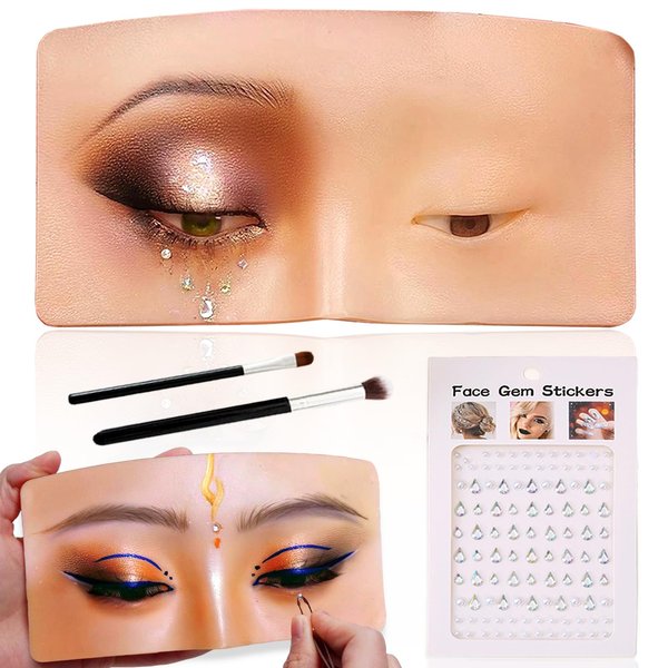 Penugo Makeup Practice Face Board, Silicone Makeup Mannequin Face for Makeup Artist Supplies, Mannequin Face for Makeup Practice with Makeup Brushes Rhinestones Sticker(Bright)