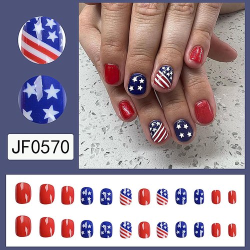 Short Press on Nails 4th of July Fake Nails with American Flag Designs Acrylic False Nails Square Red French Tip Nails Cute Stick on Nails for Women