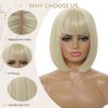 MINLEE Blonde Bob Wig With Bangs for Women 12 Inch Straight Bob Wig Blonde Wigs Synthetic Heat Resistant Colorful Wig for Cosplay Party Use