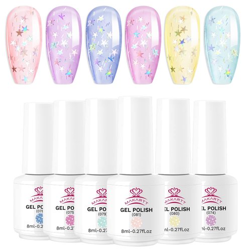 Makartt Gel Nail Polish Set Jelly Clear Glitter Pink Blue Gel Nail Polish Kit with Irridescent Stars,Crystal Transparent Gel Nail Polish 6 Bottles 8ML Soak Off Gel Manicuring Kit for Women