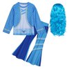 WonderBabe Girls Chloe Descendants Costume Kids Halloween Costumes Blue Chloe Cosplay Cartoon Movie Flare Pants with Wig Clothes size 7-8