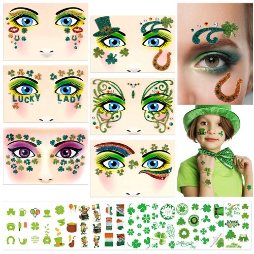 16 Sheets St Patrick's Day Face Art Tattoo Temporary Gold Glitter Tattoo Stickers Shamrock Tattoo Kit St Patrick's Day Accessories for Women Kids Makeup Costume Parade Party School