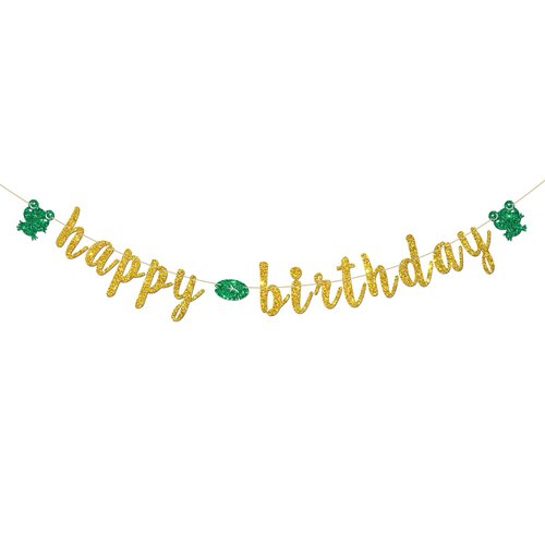 INNORU Frog Happy Birthday Banner, Reptile Animal Frog Party Decorations, Children Boys Girls Rain Forest Birthday Party Banner, Cute Frog Birthday Party Decor Supplies, Gold Glitter