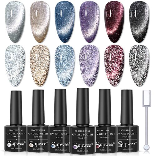 SUPWEE Reflective Glitter Cat Eye Gel Polish Sparkle Shiny Nail Polish Gel 6 Colors Magnetic Gel ...