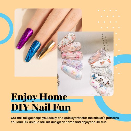 Beetles Nail Foil Glue Gel 2 Bottles 15ML with 20PCS Flower Butterfly and Metal Foil Stickers Set Nail Transfer Glues Manicure Art DIY Nail, LED Lamp Required Soak Off