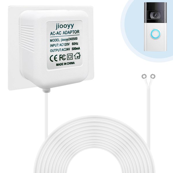 jiooyy 24V 500mA Video Doorbell Power Adapter AC110-120V to AC 24V - 16.4 feet Extension Cable, Fits Eufy, Wyze, Ring, Nest, Arlo Wireless Video doorbell Transformer(White)